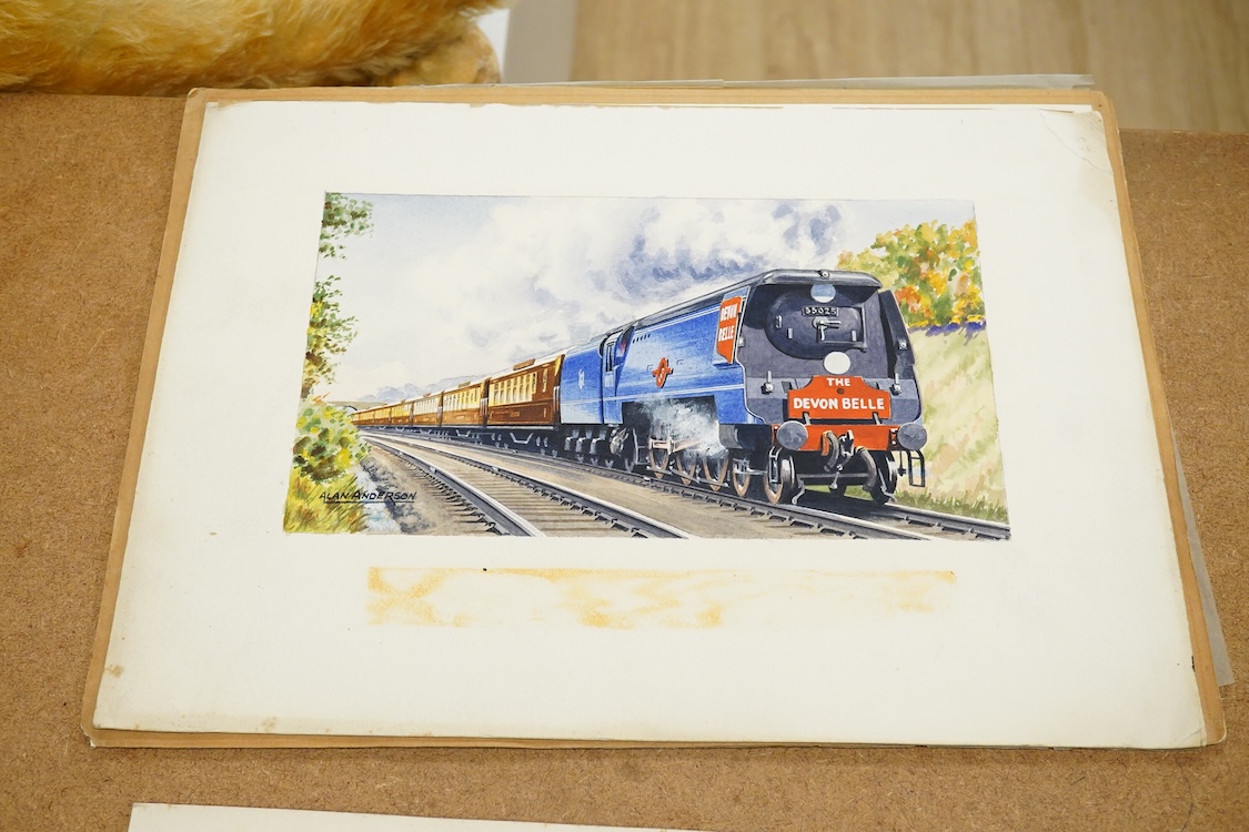 Alan Anderson, six original watercolours for postcard designs, Steam Trains to include ‘Scarborough Flyer’, ‘The Deron Belle’ and ‘Great Northern’, each signed, 26 x 37cm